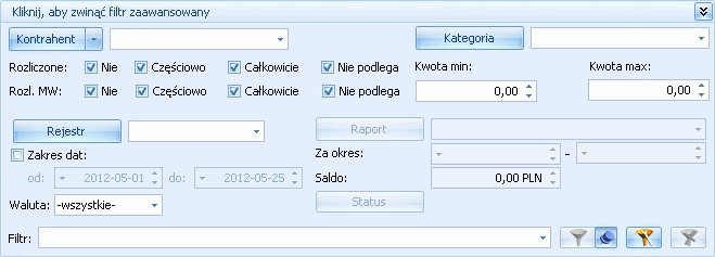 Podręcznik Użytkownika systemu Comarch OPT!MA Str. 27 poszukiwanego kontrahenta, wówczas kursor ustawi się na żądanym kontrahencie. Lokator wyszukuje według początku słowa ( zaczyna się od... ). 2.2.7.2 Filtrowanie proste (panel filtra) Po otwarciu danej listy w dolnej części okna umiejscowiony jest panel filtrowania.