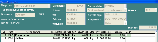 DOKUMENTY MAGAZYNOWE Oznacza on, Ŝe wczytany dokument zawierał dwie pozycje i nie było błędnych linijek. PoniŜsza ilustracja przedstawia fragment okna dostawy wczytanej z pliku z ilustracji powyŝej.