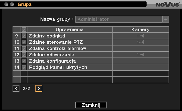 NDR-EB2104 / NDR-EB2208 / NDR-EB2416 Instrukcja obsługi wer. 1.0 MENU REJESTRATORA W pozycji Nazwa grupy należy wpisać nazwę grupy przy użyciu wirtualnej klawiatury.