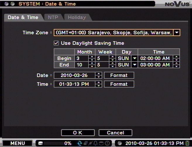 NDR-EB2104 / NDR-EB2208 / NDR-EB2416 User s manual ver. 1.0 MENU RECORDER S REJESTRATORA MENU 3.1.2. Date & time Selecting this sub-menu and pressing ENTER displays the following screen: This submenu is responsible for adjusting the date and time using navigation and ENTER buttons.