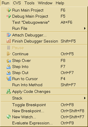 Debugowanie kodu w NetBeans Debugowanie = kontrolowane uruchamianie aplikacji/apletu Informacje o kodzie źródłowym (numery linii) dołączane do skompilowanego kodu F5 uruchomienie aplikacji z