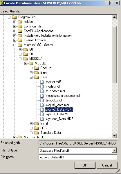rys. Podłączanie bazy danych w Windows 2005 SQL
