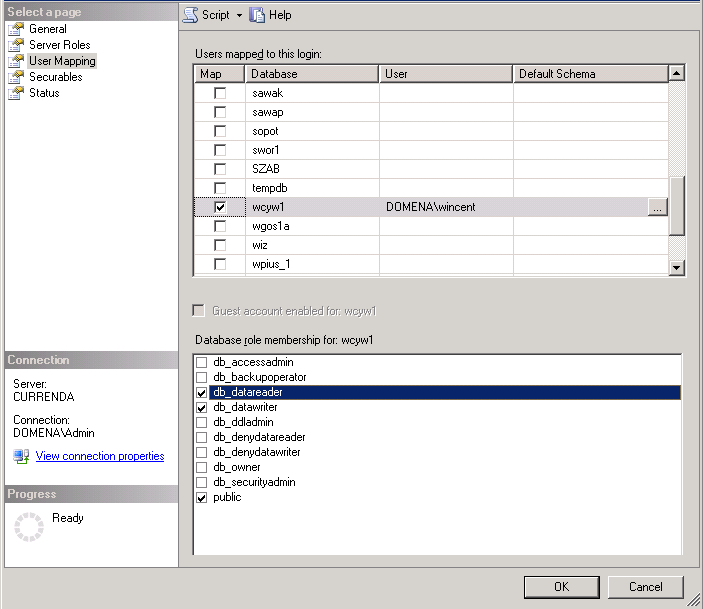 rys. Przydzielanie uŝytkownikowi praw do bazy Dodawanie uŝytkownika SQL bazy danych. Windows 2005 SQL Server. UŜytkownika SQL dodaje się podobnie jak uŝytkownika domenowego z poziomu okna Logins.