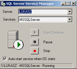 rys. Okno zarządzające serwisami serwera SQL W tym oknie naleŝy uruchomić serwer SQL (Start) oraz zaznaczyć opcję Autostart service when OS starts, która decyduje o automatycznym starcie serwera SQL
