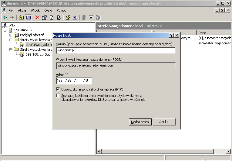 Rys. 11. Dodawanie nowego hosta 3. Wpisad jednoczęściową nazwę komputera (np. windowsxp) w polu Nazwa i należący do niego adres w polu Adres IP.