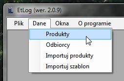 3.5.2. RĘCZNE WPROWADZANIE DANYCH DO BAZY PRODUKTÓW Znajdujące się na górnej belce menu Dane/Produkty pozwala na uruchomienia okna Produkty, który jest podstawowym oknem dialogowym aplikacji EtLog.