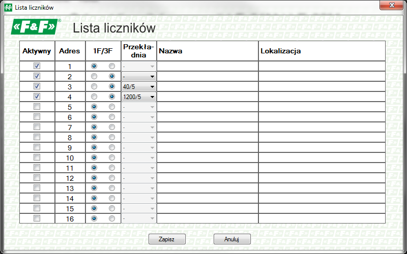 Lista przedstawiona jest w postaci tabeli składającej się z następujących kolumn: 1) Aktywny Zaznaczone pole sygnalizuje że dany licznik będzie występował na liście odczytywanych urządzeo.