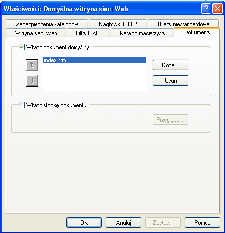 Rys. 8. Właściwości domyślnej witryny sieci Web ustawienia dokumentów domyślnych Niniejsze i poprzednie zadania dotyczyły konfigurowania komputera w roli serwera usług www.