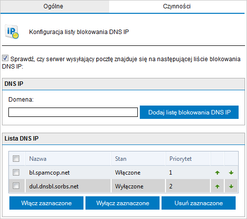 Konfigurowanie filtru Lista blokowania DNS IP 1. Przejdź do obszaru Anti-Spam > Filtry antyspamowe > Lista blokowania DNS IP. Screenshot 70: Lista blokowania DNS IP 2.