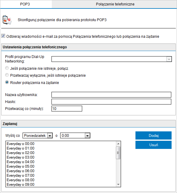 Screenshot 141: Opcje połączenia telefonicznego 3. Wybierz profil programu Dial-Up Networking oraz skonfiguruj nazwę logowania i hasło.