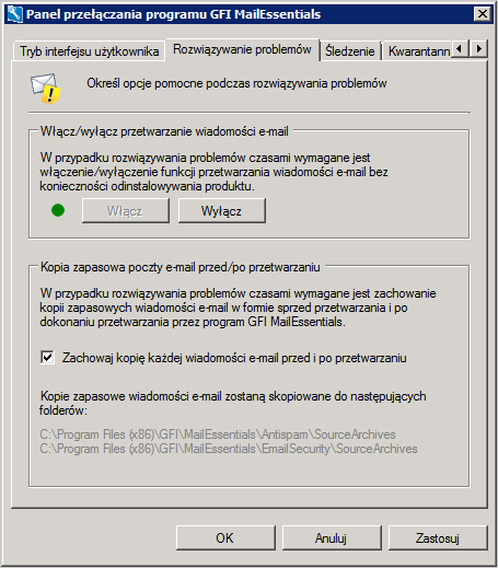 Screenshot 148: Panel przełączania programu GFI MailEssentials: Rozwiązywanie problemów 2.