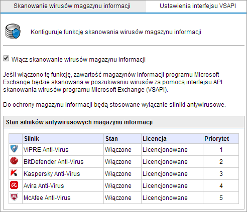 Screenshot 52: Węzeł Zabezpieczenia magazynu informacji 2. Na karcie Skanowanie wirusów magazynu informacji zaznacz pole wyboru Włącz skanowanie wirusów magazynu informacji. 3.