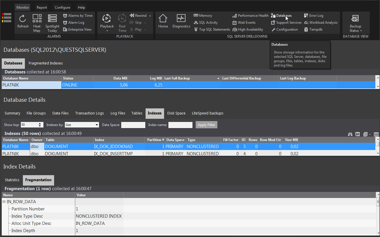 Sprawdzenie fragmentacji indeksów Databases(wybrać