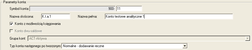 Nowy. Początek symbolu kont księgowego zostanie przepisany z zaznaczonego konta. Należy uzupełnić pozostałe parametry, w tym symbol szczegółowy konta.