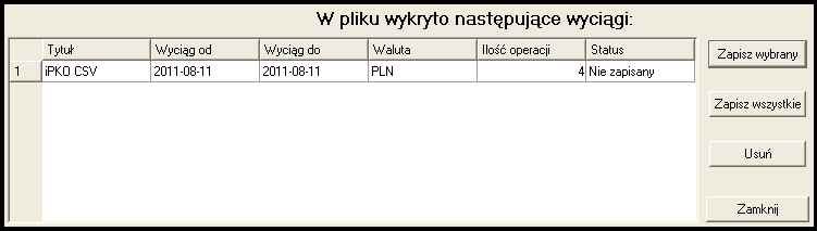 Wybieramy z listy interesujący nas wyciąg bankowy i klikamy przycisk [Zapisz wybrany], lub gdy chcemy zapisać wszystkie wyciągi klikamy przycisk [Zapisz wszystkie].