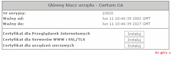 1.4. Pobieranie certyfikatu Certum CA i certyfikatów pośrednich Aby pobrać certyfikat Certum CA lub certyfikaty pośrednie należy wejść na stronę www.certum.