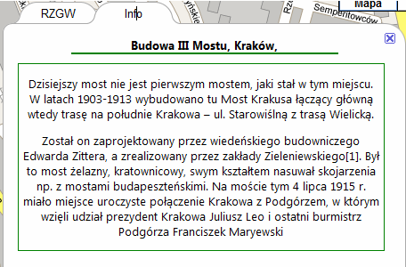 Użytkownikowi w momencie klikniecia na marker obiektu pokazywane jest okienko z informacją o obiekcie, które zawiera również zdjęcie