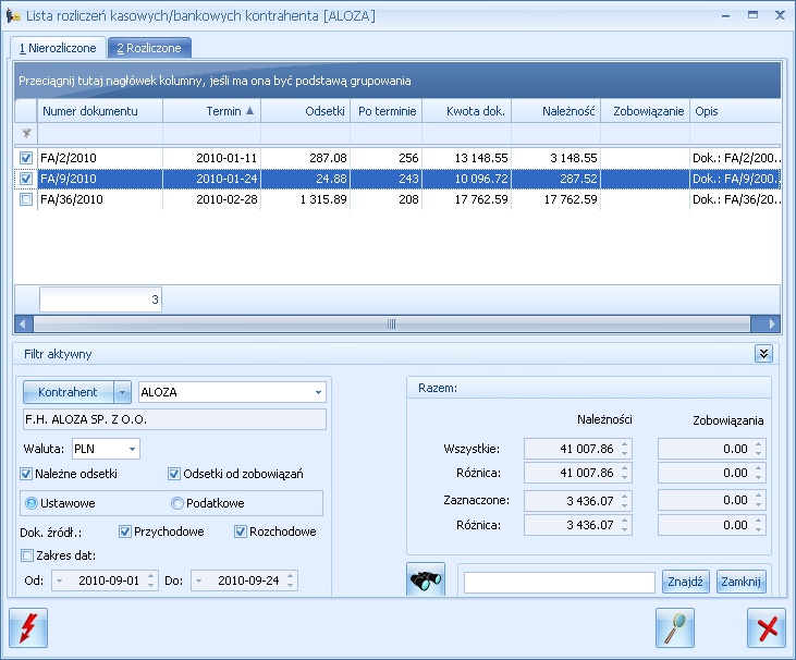 Rys. Lista rozliczeń kontrahenta Jeśli zaznaczamy dwa dokumenty, z których jeden ma niezerową kwotę zobowiązań, natomiast drugi należności i uruchomimy rozliczanie, na ekranie pojawi się dodatkowe
