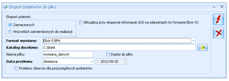 Zdarzenia przeznaczone do wysłania mogą mieć status nierozliczone (N) lub częściowo rozliczone (C). Nie da się wysłać zdarzeń znajdujących się w buforze. Muszą być w stanie Zatwierdzone do realizacji.