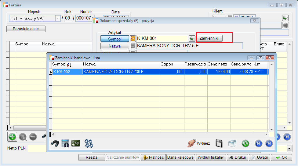 Na formularzach pozycji dokumentów pojawił się przycisk Zamienniki. Można z niego skorzystać po wybraniu artykułu. Pokazuje się wtedy lista zamienników dla wybranego artykułu.