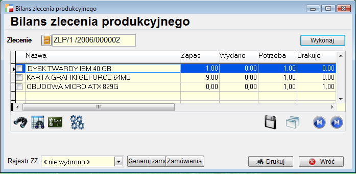 a. Bilans zlecenia produkcyjnego (MM) Analiza działa tak jak dotychczasowy bilans zleceń