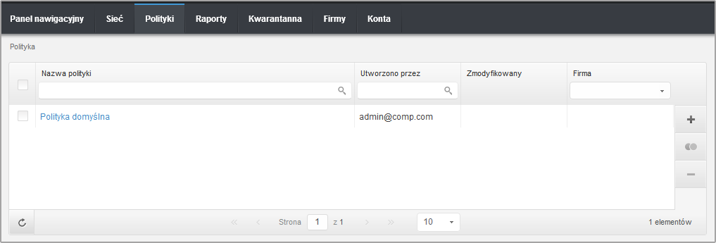 7.1. Zarządzanie politykami Możesz przeglądać i zarządzać politykami na stronie Polityki Strona Polityki Istniejące polityki są wyświetlane w tabeli.
