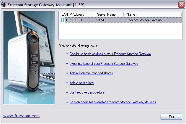 Freecom FSG Storage Gateway 1.2 Oprogramowanie Asystent Freecom Storage Gateway służy do szybkiego wykrywania dysku w systemie i podstawowego przygotowania FSG do eksploatacji.