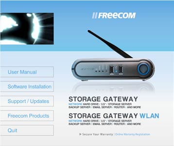 Freecom FSG Storage Gateway 4.1 Instalacja Włożyć do napędu CD płytę CD z podręcznikiem i oprogramowaniem. Zawiera ona podręcznik i oprogramowanie, a także asystenta FSG.