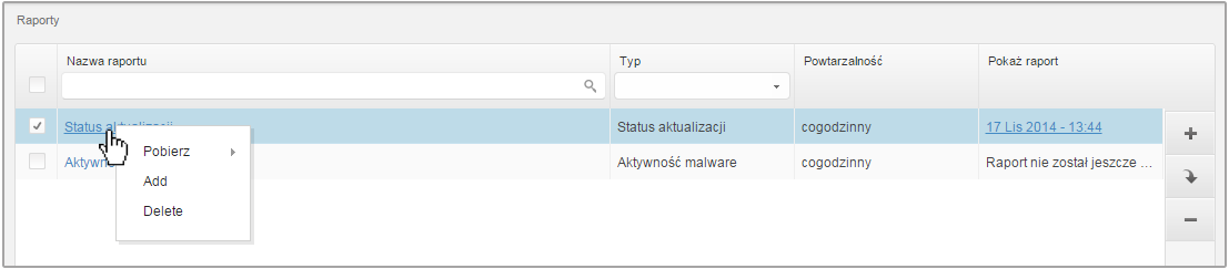 Usuń zaplanowany raport. Strona raportów - Paski Narzędzi działań 5.3.4. Menu Kontekstowe Komendy pasków narzędzi działań są również dostępne z menu kontekstowego.