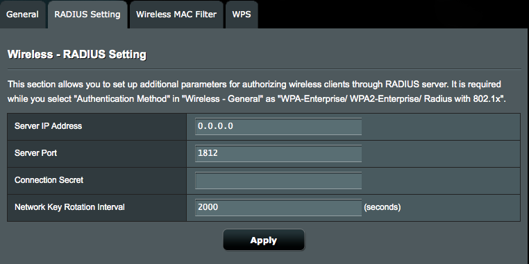 4.1.2 RADIUS Setting (Ustawienia serwera RADIUS) Pozycja RADIUS (Remote Authentication Dial In User Service) Setting (Ustawienia serwera RADIUS) zapewnia dodatkową warstwę zabezpieczeń w przypadku