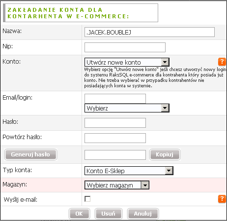 Aplikacja e-commerce posiada możliwość założenia konta dla użytkowników e-sklepu. Identycznie jak w pozostałych modułach (B2B, mobilni handlowcy) odbywa się to z poziomu Panelu administracyjnego.