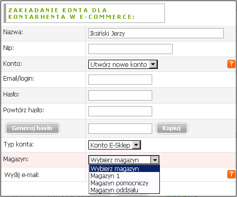 Dane niezbędne do uzupełnienia: - adres e-mail - hasło - powtórzenie hasła - magazyn Hasło użytkownika powinno składać się przynajmniej z 6 znaków zawierających 2 cyfry Opcja generowania hasła dla