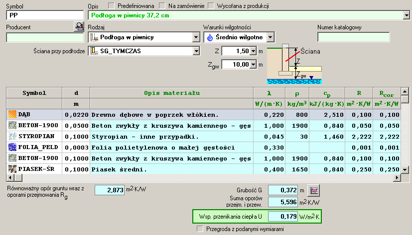 Kurs programu AUDYTOR OZC 4.8Pro Rys. 7. Wypełnione okno Przegroda wielowarstwowa dla podłogi w piwnicy Rozwiązanie ręczne Poniżej przedstawiono szczegółowy tok obliczeń.