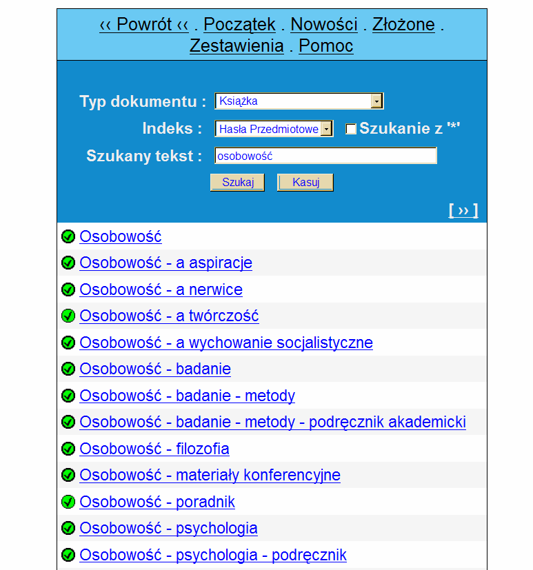 Przykład 3. Wyszukiwanie przez hasło przedmiotowe. Pozwala na przeszukiwanie katalogu według haseł przedmiotowych Biblioteki Narodowej.