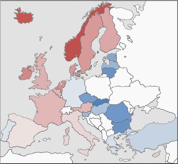 Średni koszt (w euro) Na mapie 23 odcieniami czerwieni zaznaczono kraje, w których koszty utrzymania były wyższe niż wynosił uśredniony dla wszystkich studentów wynik (wspomniane 473 euro), zaś na