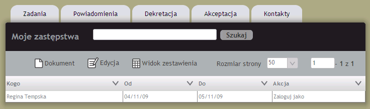 (39) Dodane zastępstwo jest widoczne w zestawieniu Zastępstwa w jednostce. (40) Wybrać z menu lewego Zastępstwa oraz Moje zastępstwa. (41) Wybrać akcję Zaloguj jako.