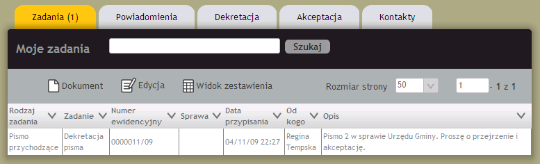 Rysunek 28 Nowe zadanie Dyrektora DA (49) NaleŜy załoŝyć, Ŝe pismo, którego załącznik elektroniczny był dodany do pisma pierwszego w kroku (6) dotarł w wersji