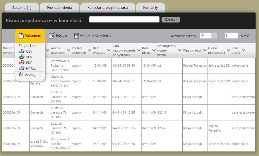 Rysunek 8 Menu Pisma przychodzące w kancelarii (11) Widok wszystkich pism zarejestrowanych w kancelarii przychodzącej jest przykładem zestawienia tabelarycznego prezentowania danych.