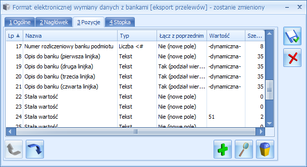 4.4 Wskazówki praktyczne Ilość pozycji w formacie, ich kolejność i typ muszą się zgadzać z danymi w pliku z banku. W pozycjach formatu należy odpowiednio wybierać typ pola: Tekst/ Liczba.