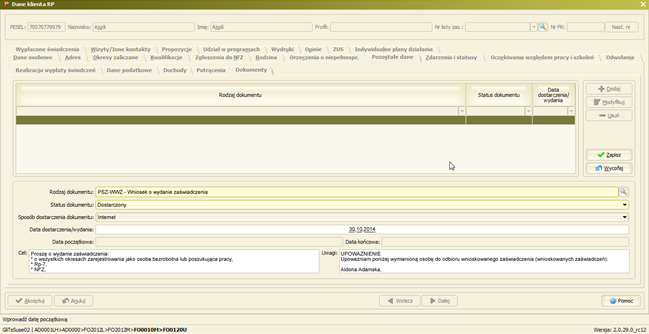 Okno Dane klient RP z wypełnionymi polami: Cel i Uwagi treścią pochodzącą z wczytanego dokumentu PSZ-WWZ.