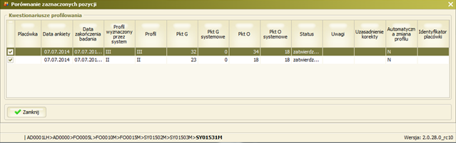 SY01531M umożliwiające szczegółowe podrównanie wybranych danych. Okno zawiera tabelę z danymi wybranych kwestionariuszy profilowania.
