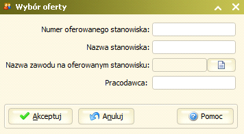 Lista oferowanych stanowisk (PP0020L) jest uruchamiana po naciśnięciu przycisku słownika, który został dodany na oknie Wybór oferty (UIR1060) za polem <Numer oferowanego stanowiska>.