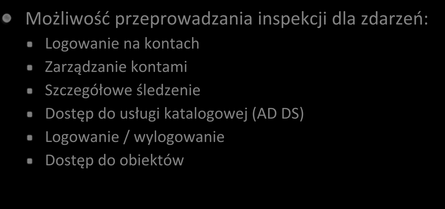 Zasady inspekcji systemu (2) Możliwośd przeprowadzania inspekcji dla zdarzeo: Logowanie na kontach Zarządzanie