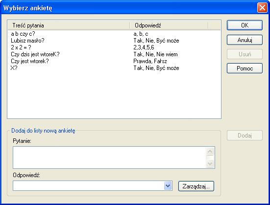 Dodawanie nowego pytania do listy ankiet 1. W okienku ankiet wpisz pytanie i wybierz zestaw odpowiedzi z listy rozwijanej lub dodaj nowe, jeśli domyślne opcje nie są odpowiednie. 2.
