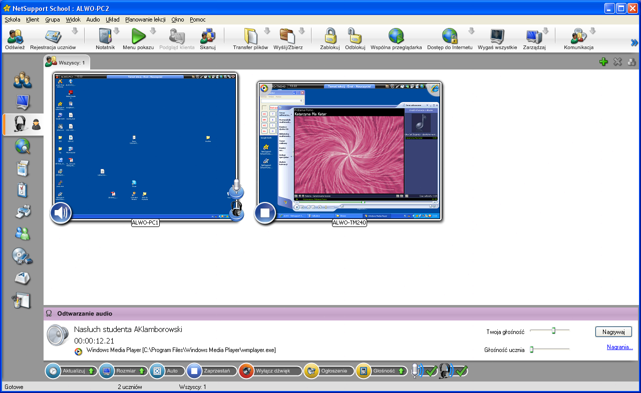Wyświetlana tu jest miniatura każdego podłączonego Ucznia, ikona mikrofonu lub słuchawek będzie migać na miniaturce Ucznia oznajmiając o aktywności audio komputera Ucznia.