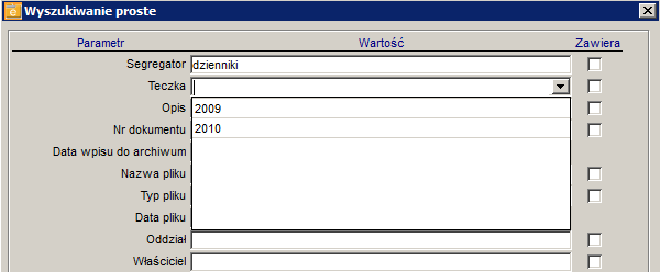 Rysunek 48. Wyszukiwanie proste - kryteria W wyświetlonym oknie należy podać wyszukiwane wartości dla dowolnych pól metki: Jeżeli pole jest liczbowe, w kryterium wpisuje się wartość liczbową.