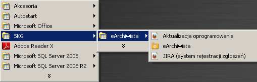 2. Start systemu Podczas instalacji na pulpicie umieszczana jest ikona skrótu do pliku wykonywalnego: Oraz sekcja programy w menu Start->Programy->SKG->eArchiwista: Rysunek 2.