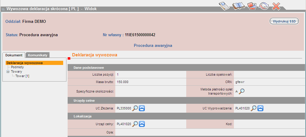 informuje tekst Dokument został zmodyfikowany po wysłaniu do systemu ECS, widoczny w oknie danych podstawowych deklaracji.