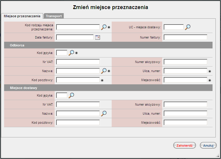Rysunek 56. Zmiana miejsca przeznaczenia Po wpisaniu danych, które uległy zmianie w stosunku do zatwierdzonego dokumentu e- AD, polecenie "Zatwierdź" powoduje sprawdzenie poprawności danych.