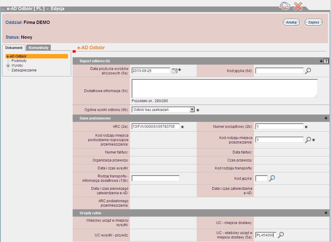Rysunek 65. Tworzenie dokumentu e-ad Odbiór Podstawową informacją, jaką należy podad, jest numer ARC, zgodny z numerem widocznym w papierowej wersji dokumentu towarzyszącego dostawie.